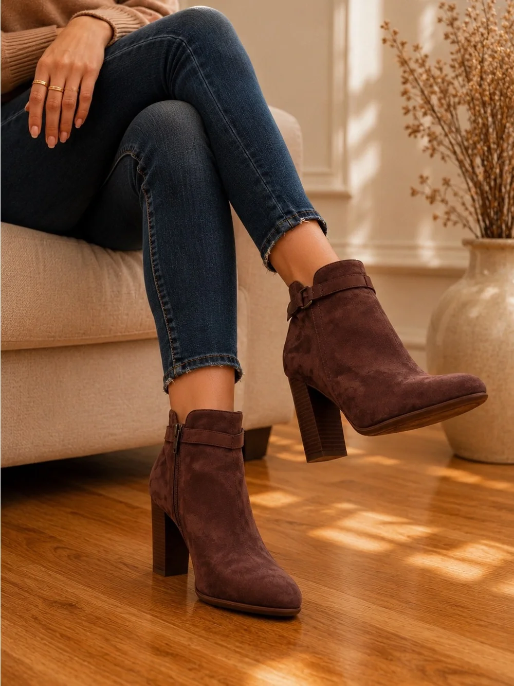 Bamboo feature a taupe-colored faux Suede Block Heel Ankle Booties